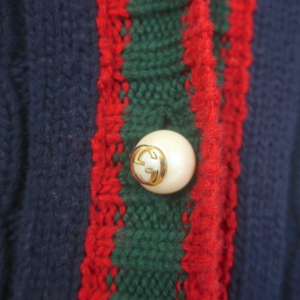 Gucci Bee-Embroidered Cardigan Navy Wool Ribbed Knit Size Small V-Neck Sweater - Picture 2 of 10